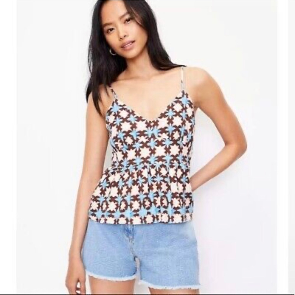 LOFT | Blue Brown Floral Peplum Cami Spaghetti Straps Smocked Back Azure…